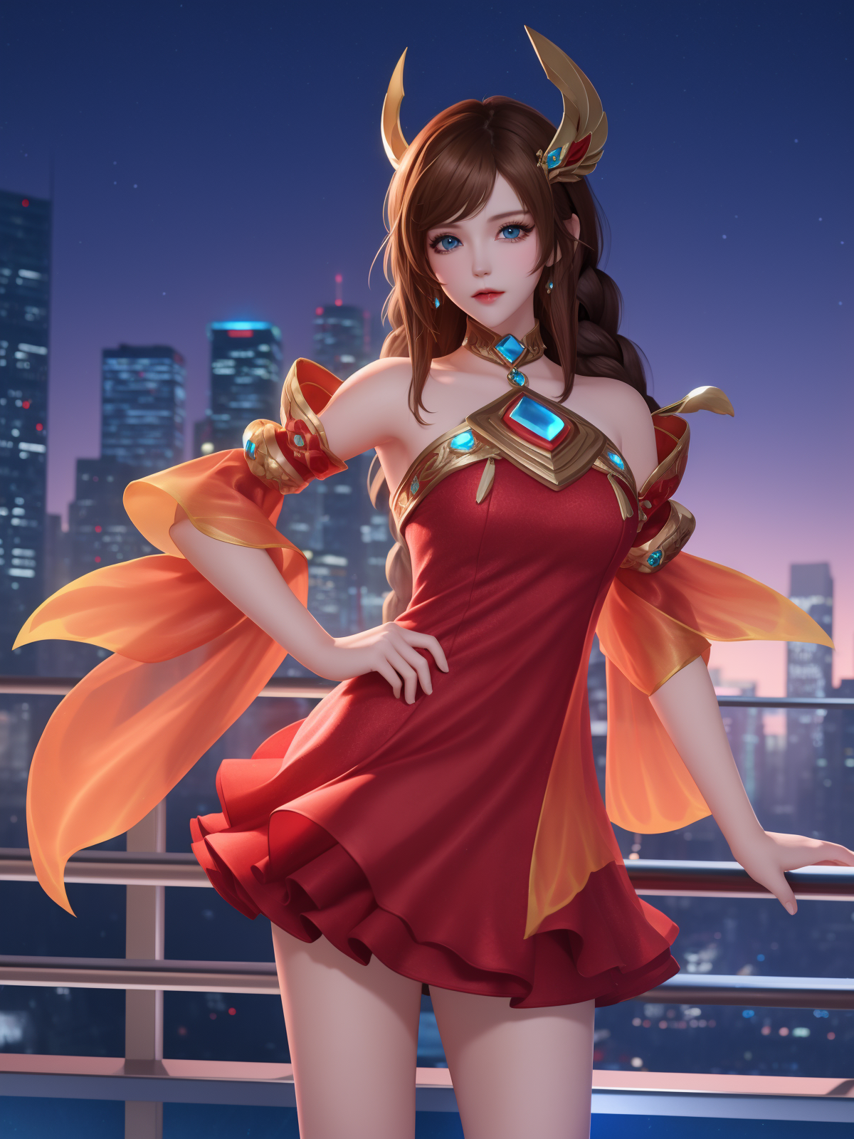 00114-2846422451-WZRYdaqiaoYP, 1girl, solo, long hair, brown hair, red dress, jewelry, bare shoulders, detached sleeves, blue eyes, hair ornament.png